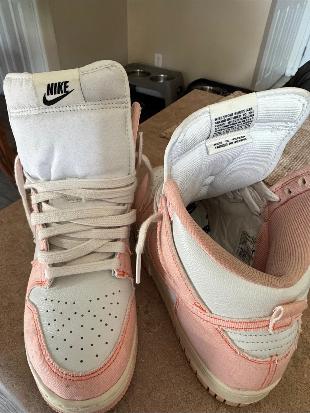 Nike Dunks Women’s Light Pink and White High-Top Sneakers (Artic Orange)